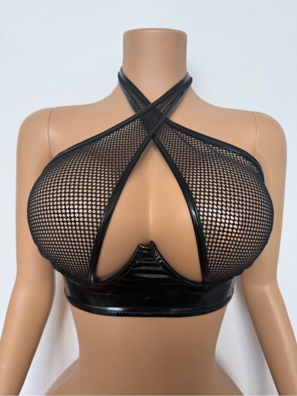 IHeartRaves Black Fishnet Cross-Strap Halter Bralette